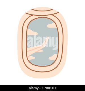 Airplane window view of clouds and plane wing vector illustration. Great for travel flight concepts, vacation banners, airline marketing, and tourism Stock Vector