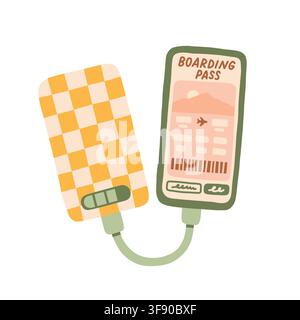 Smartphone with mobile boarding pass charging from power bank vector illustration. Ideal for modern travel technology, airport check-in, and digital Stock Vector
