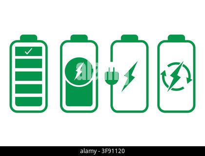 Modern green battery icons showing power levels, charging, electricity, energy flow, and battery status for mobile apps, websites, and technology desi Stock Vector