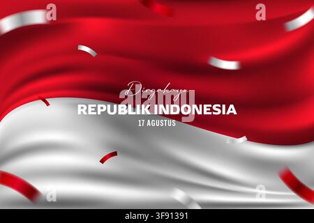 Realistic Waving Indonesian Flag Background Banner with Confetti for Dirgahayu Republik Indonesia  17 Agustus Independence Day Celebration Stock Vector