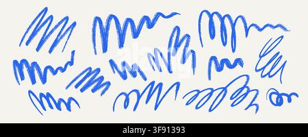 Blue brush stroke scribbles set. Hand drawn pen scrawl doodles collection. Freehand rough pencil crayon squiggles pack. Messy charcoal sketch swirls bundle. Bold ballpoint curly marks. Vector Stock Vector