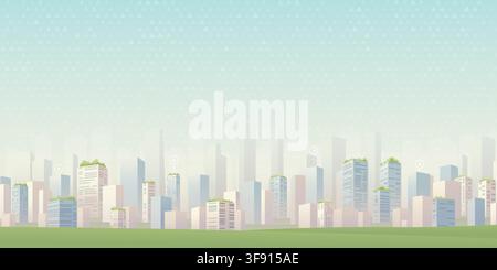 Urban city skyline background with eco friendly skyscrapers and green park area. Vector illustration. Stock Vector