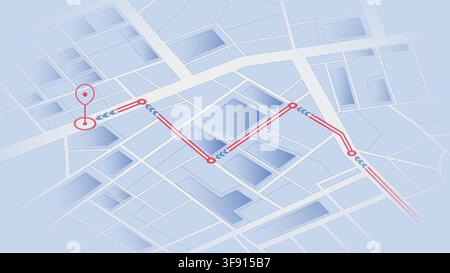 Isometric blue city map with red navigation path and destination marker. Vector illustration. Stock Vector
