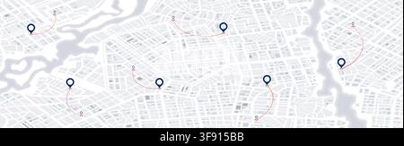Blue pins and curved routes on city map plan. Urban panorama navigation background. Vector illustration. Stock Vector