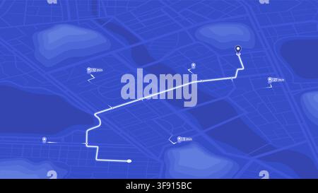 Map with route path in city near mountains and river. Time markers on digital terrain background. Vector illustration. Stock Vector