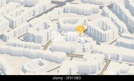 Isometric view of a city map with a yellow destination pointer. GPS navigation in an urban environment. Vector illustration. Stock Vector