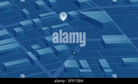 Isometric blue city map background with 3D transparent buildings and white GPS navigation pin. Vector illustration. Stock Vector