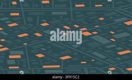 Dark isometric city map background with orange geometric building blocks for digital navigation interfaces. Vector illustration. Stock Vector