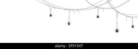 Spider border. Halloween horror spider web and silhouette. Vector frame and celebration ornament for party design Stock Vector