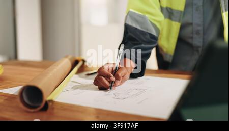 Construction, blueprint and hands of woman for renovation, planning and building layout on desk. Architecture, paper and worker with sketch, floorplan Stock Photo