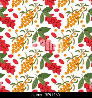 Autumn Sea Buckthorn and Barberry Seamless Berry Pattern Stock Vector