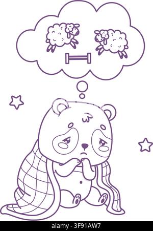 Outline Tired Kawaii Panda Wrapped In Blanket Counting Sheep In Thought Bubble For Insomnia. Unhappy Cartoon Bear Character Unable To Sleep Night. Lin Stock Vector