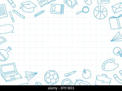 Back to school background template with blue line education supplies and copy space. Stock Vector