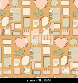 Note Paper And Sticky Memo Seamless Pattern Doodle. To Do List, Sheet, Reminder, Heart Tags And Bookmark on Beige Background. Vector illustration. Pas Stock Vector