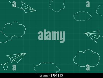 Back to school chalkboard background with doodles paper airplane and clouds. Stock Vector