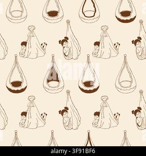 Seamless Pattern Sensory Therapy Swing with Kids. Occupational Vestibular Training Pod Hammock Brown Line Art Background. Hand Drawn Doodle Boy and Gi Stock Vector