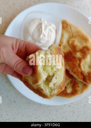 Fried homemade pies filled with savory potato and mushroom served with fresh sour cream in ceramic bowl stock photo Stock Photo