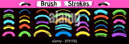 Collection of color dry brush arch elements. Wavy semi-circles, hand drawn details. Stock Vector