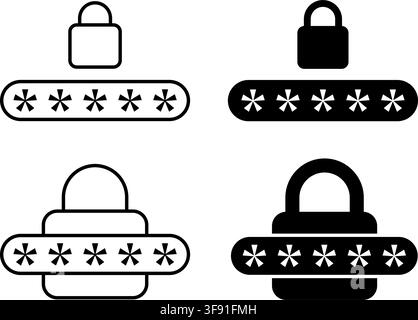 Password Security Icon Set with Padlock Symbols and Hidden Asterisk Fields, Secure Login, Authentication, Privacy, Account Protection, Access Control Stock Vector