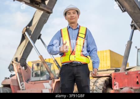 Asian man in safety gear giving a thumbs up at a construction site to signal project success. Ideal for concepts in construction, engineering, safety, Stock Photo