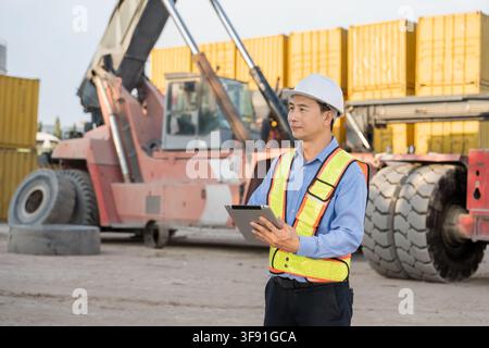 Male construction worker using a tablet at a busy job site with heavy machinery. Ideal for construction, technology, and industrial safety themes in b Stock Photo