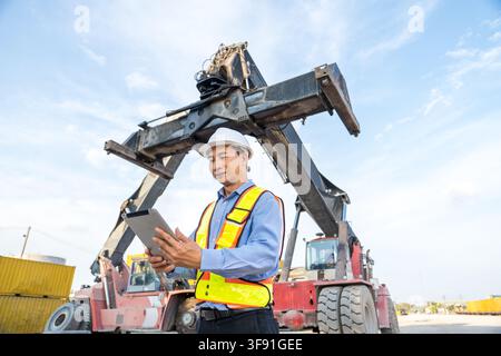 Construction worker using tablet for project management at a building site to enhance efficiency and safety. Ideal for construction, technology, and b Stock Photo