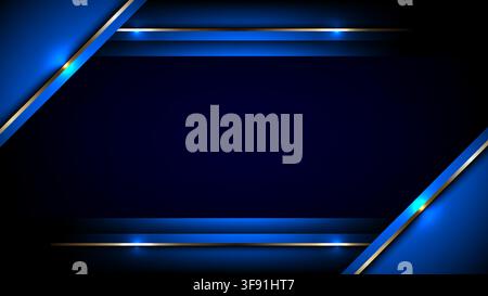 Luxury abstract background with dark blue background, golden metallic geometric lines, and glowing blue neon light frames for corporate presentation d Stock Vector
