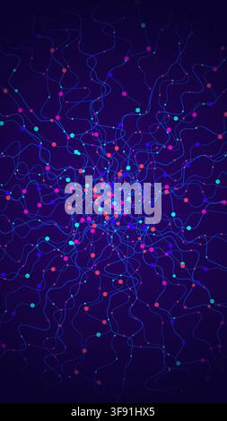 Vertical abstract background shows vibrant cyan pink glowing nodes densely branching outward through smooth wavy lines on dark purple backdrop created Stock Vector