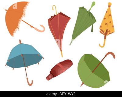 Umbrellas, folded umbrellas, transparent umbrella and parasol clipart set for autumn. Stock Vector