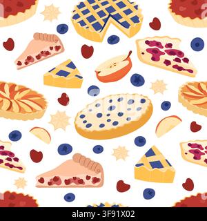 Apple pie, blueberry pie, berry pie, pie slices, blueberries and apples seamless pattern. Stock Vector