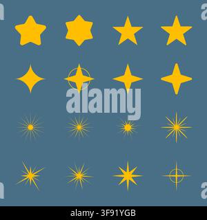 Yellow star and sparkle icon set on blue background Vector Illustration Stock Vector