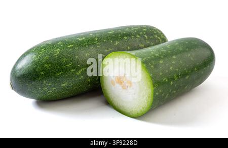 Whole and Sliced Small Green Wax Gourd Isolated on White Stock Photo