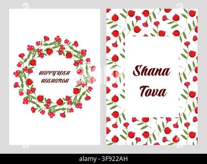 Two Rosh Hashanah greeting cards with pomegranates, apples, flowers, and festive texts Happy Rosh Hashanah and Shana Tova, symbolizing sweetness Stock Vector