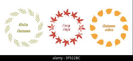 Three autumn wreath designs with green leaves, red maple leaves, and orange heart shaped leaves, featuring festive texts Hello Autumn, Stock Vector