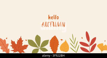 Autumn poster with beige background, decorative leaves, and Hello Autumn text. Cozy seasonal illustration perfect for fall design Stock Vector