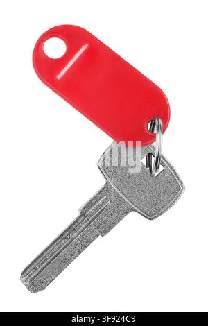 Steel door key with red plastic key tag trinket isolated on white background Stock Photo