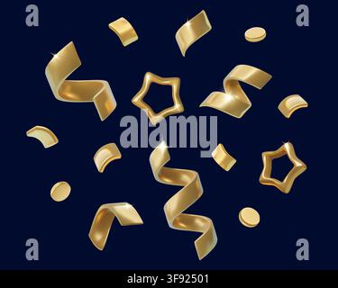 Golden luxury confetti set 3d with curly ribbons, stars and round shapes isolated on dark background Stock Vector