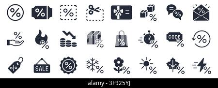 Discount and sale glyph icon set. Coupon, promo code, gift card, shopping bag, flash deal minimal vector illustrations. Simple silhouette signs for Stock Vector