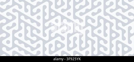 Seamless geometric maze pattern. Abstract grey and white monochrome ornament with smooth rounded lines, dots and triangular shapes. Modern vector Stock Vector