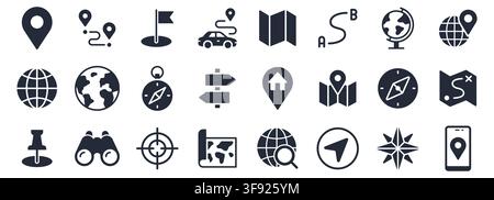 Location glyph icon set. Compass, travel, globe, map, geography, earth, distance, proximity minimal vector illustration. Simple silhouette sign for Stock Vector