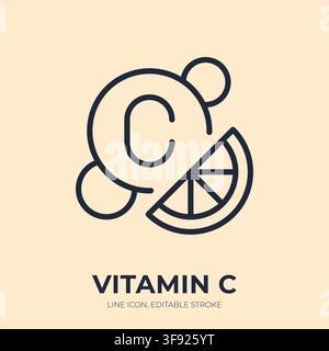 Vitamin C line icon. Ascorbic acid linear vector illustration. Thin sign of pill with citrus slice for antioxidant, immunity, nutrition, supplement Stock Vector