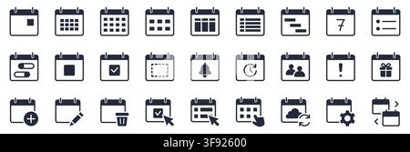 Calendar glyph icon set. Month view, agenda, event editing, reminders, sync minimal vector illustrations. Simple silhouette signs for planners and Stock Vector