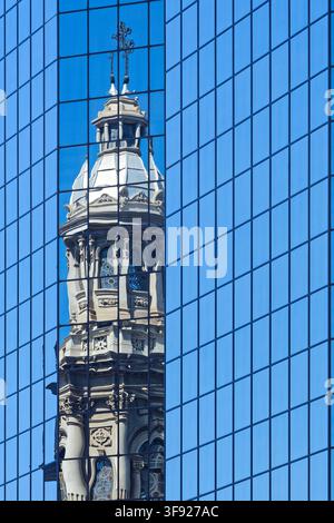 Reflection in a high-rise building, Metropolitan Cathedral, Roman Catholic Church, Plaza de Armas, Metropolitan Region of Santiago, Santiago de Chile, Stock Photo