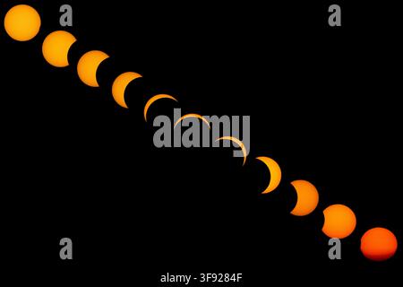 Tardinghen, France – August 12, 2026: Composite of 11 photographs showing the different phases of the partial solar eclipse, documenting the progressi Stock Photo