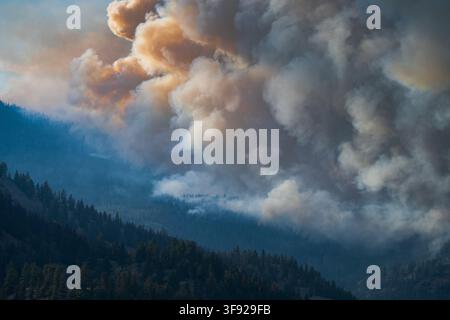 Thick smoke billows from a mountain forest fire Stock Photo