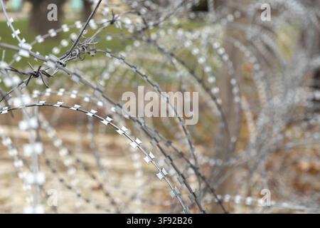 Metal razor wire forms a protective coil in a perimeter fence, providing a harsh visual metaphor for safety, territorial control, immigration challeng Stock Photo