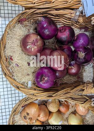 Fresh red onions and light brown onions displayed in woven market baskets. Stock Photo