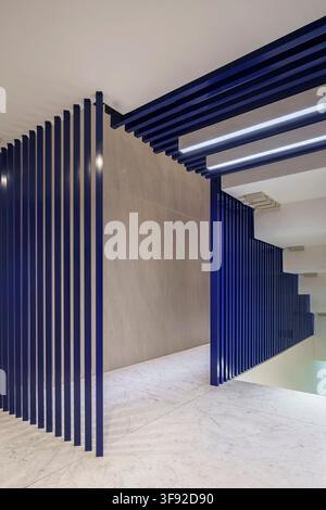 Architectural indoor perspective showing a contemporary hallway design with bold dark blue vertical slatted partitions extending to the ceiling. Stock Photo