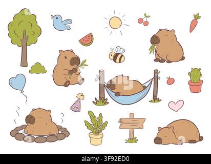 Vector set of cute capybaras and nature elements Stock Vector