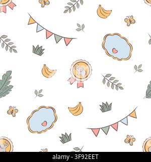Vector seamless pattern baby elephant badges and decorative elements Stock Vector